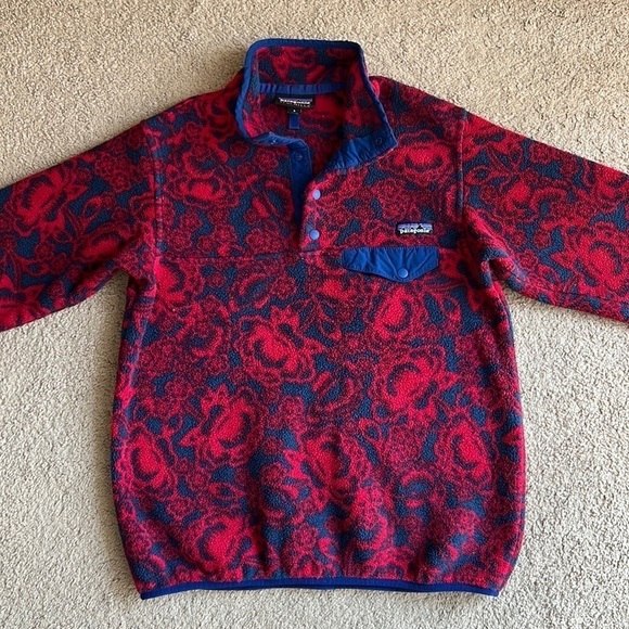 Rare Patagonia Red Lotus Flower Synchilla Snap T Pullover Fleece - Picture 1 of 6